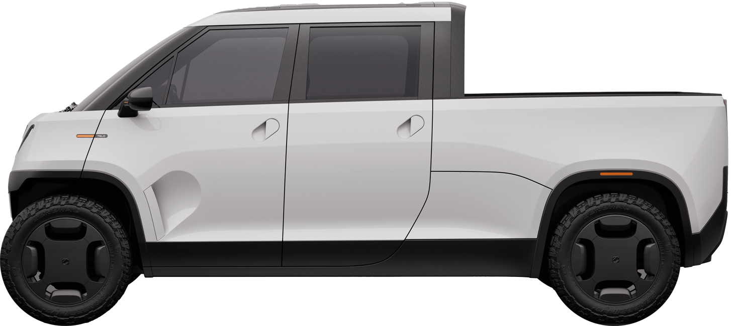 Side view of TELO truck against white backdrop.